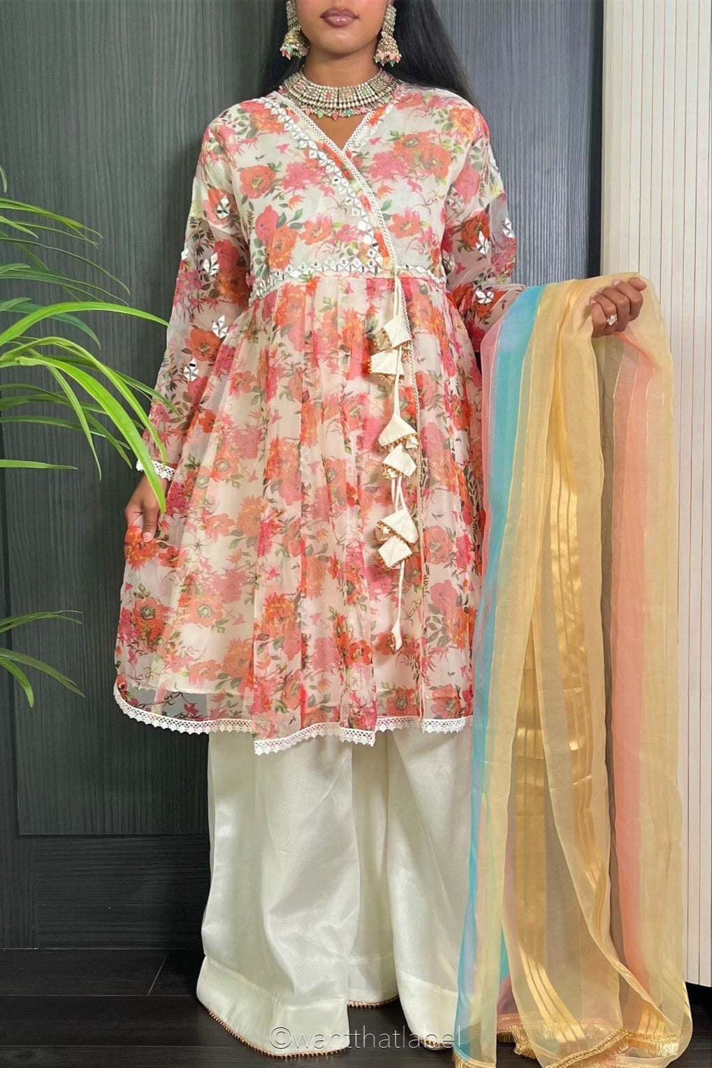 Muskaan White Mirror Embroidered Anarkali Sharara Suit