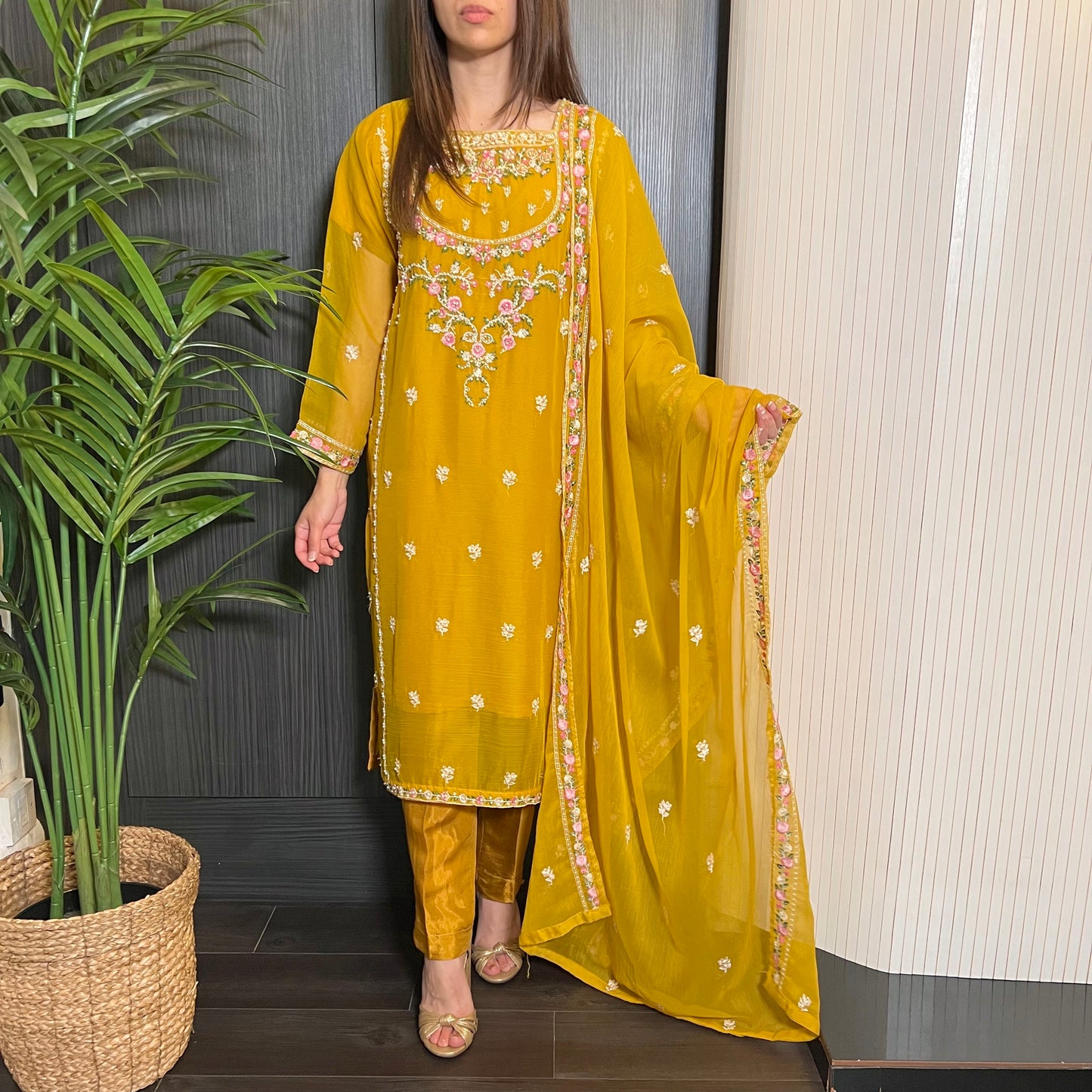 Agha Noor Mustard Yellow Embroidered Chiffon Suit