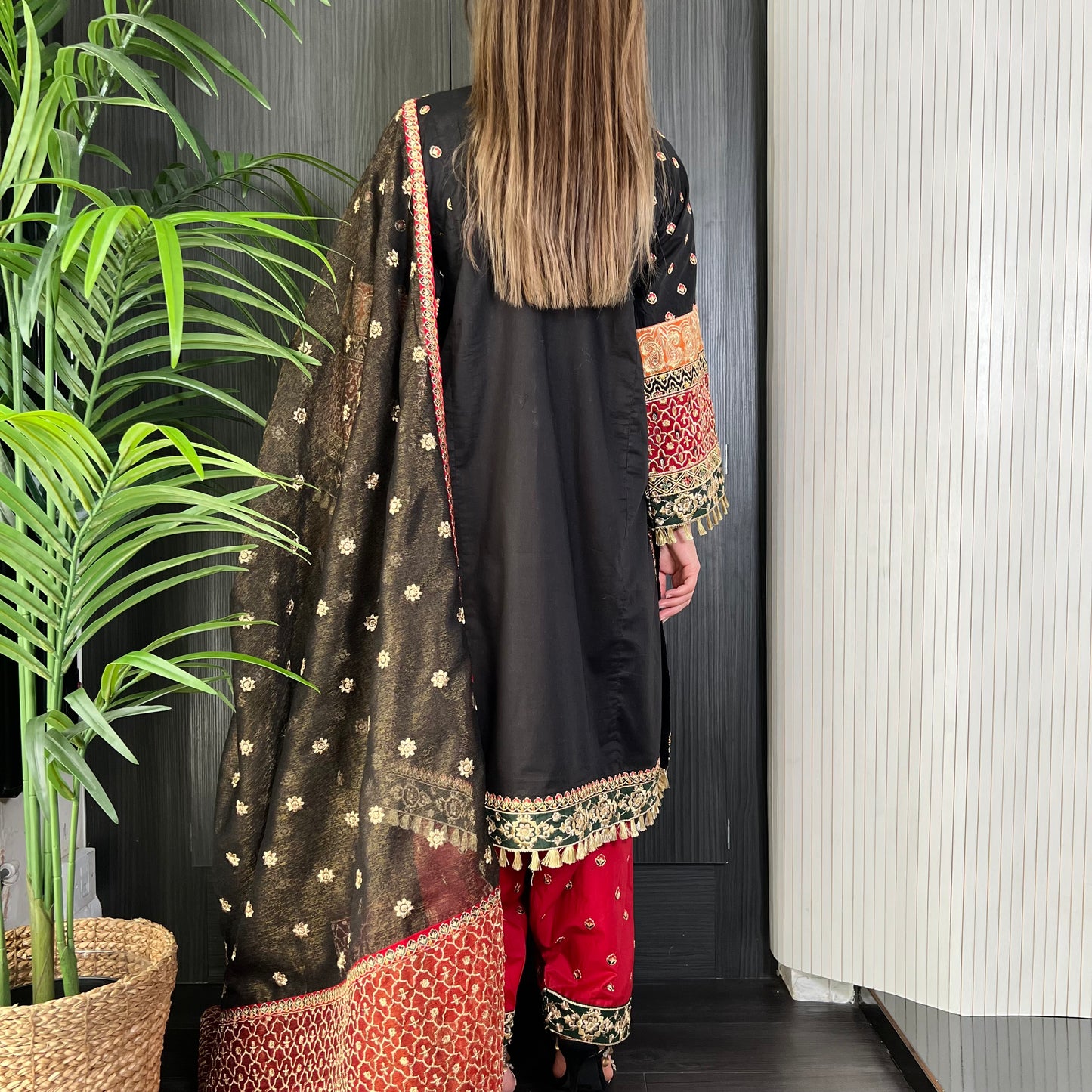 Karma Original Black Red Heavily Embroidered Kameez Suit