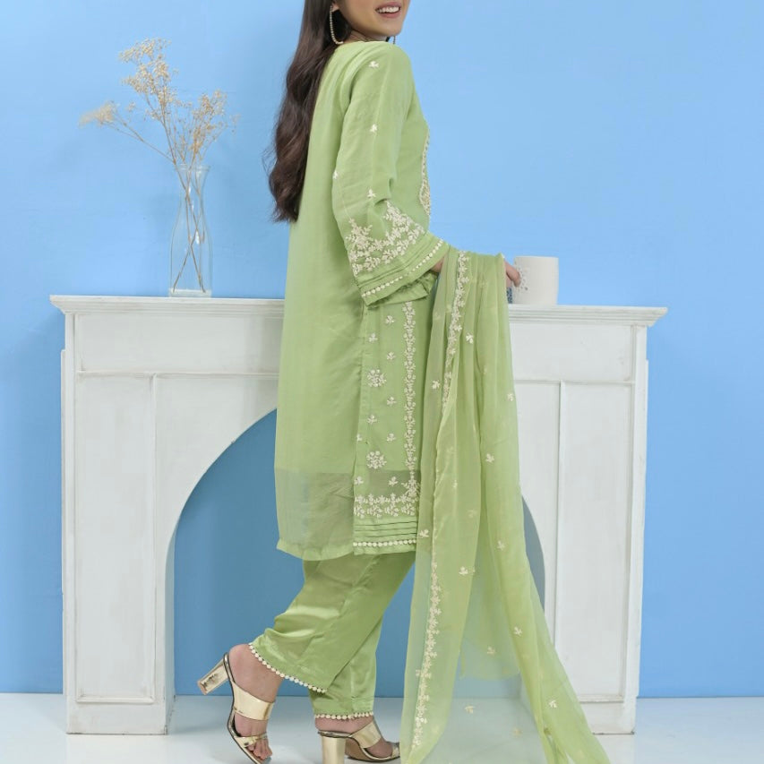 Mummy & Me Ladies Green Chiffon Hand Embroidered Suit