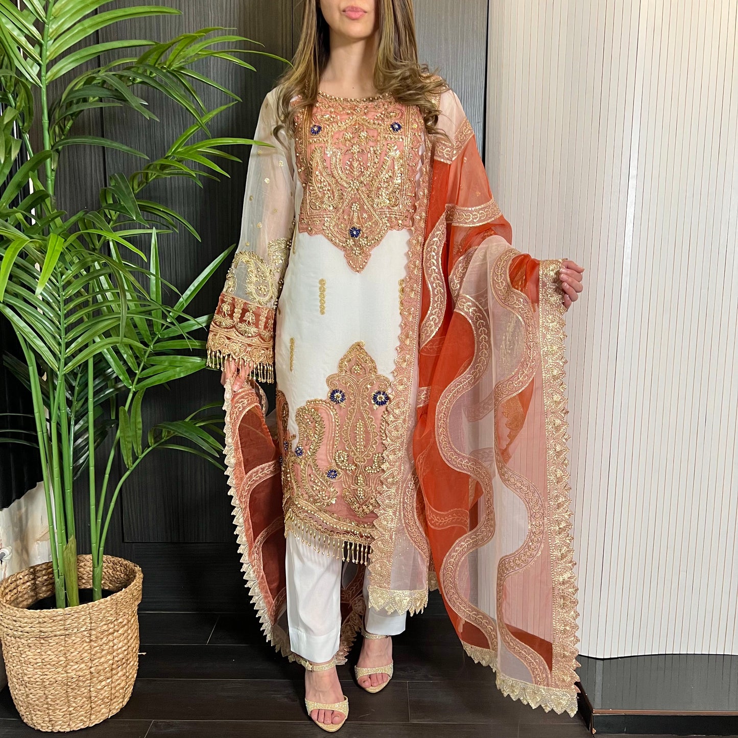 Prêt White Orange Heavily Embroidered Organza Suit