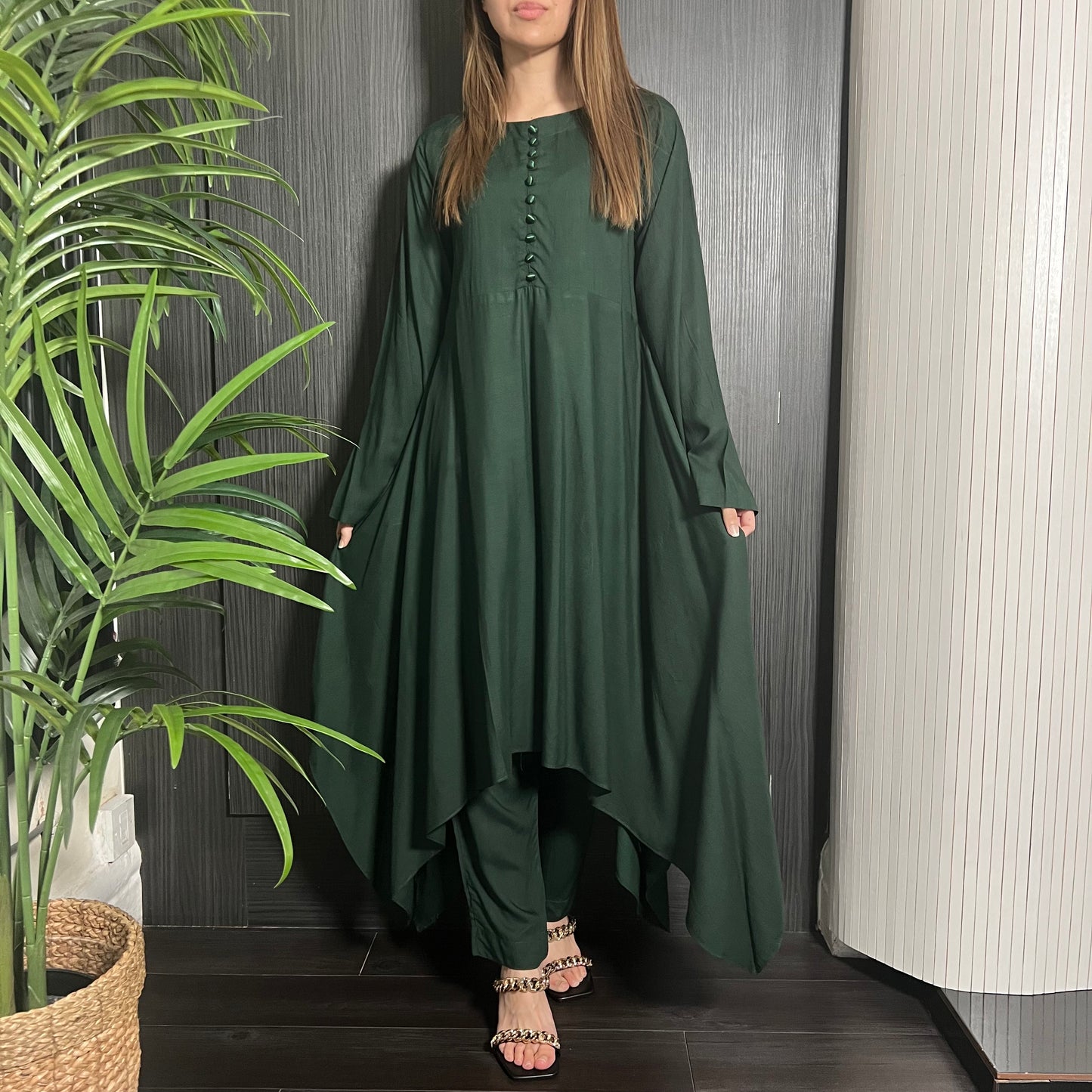 Bottle Green Hi Low Hem 2 Piece Linen Dress Suit