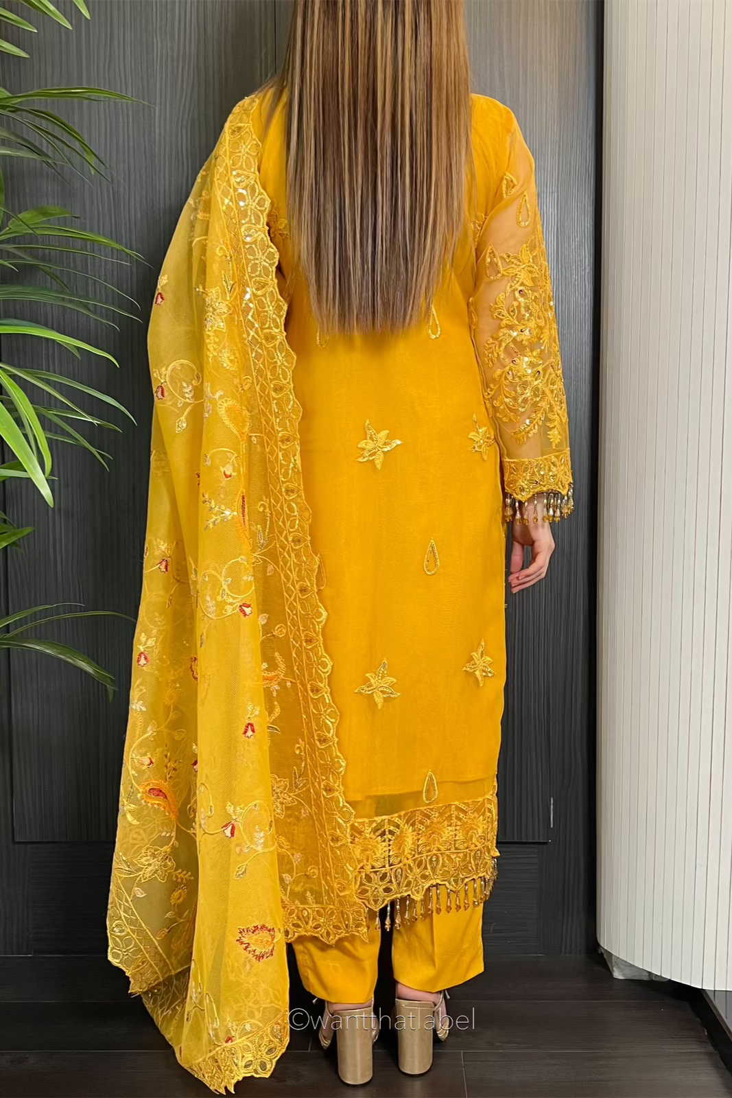 Prêt Nisa Mustard Heavily Embroidered Organza Suit