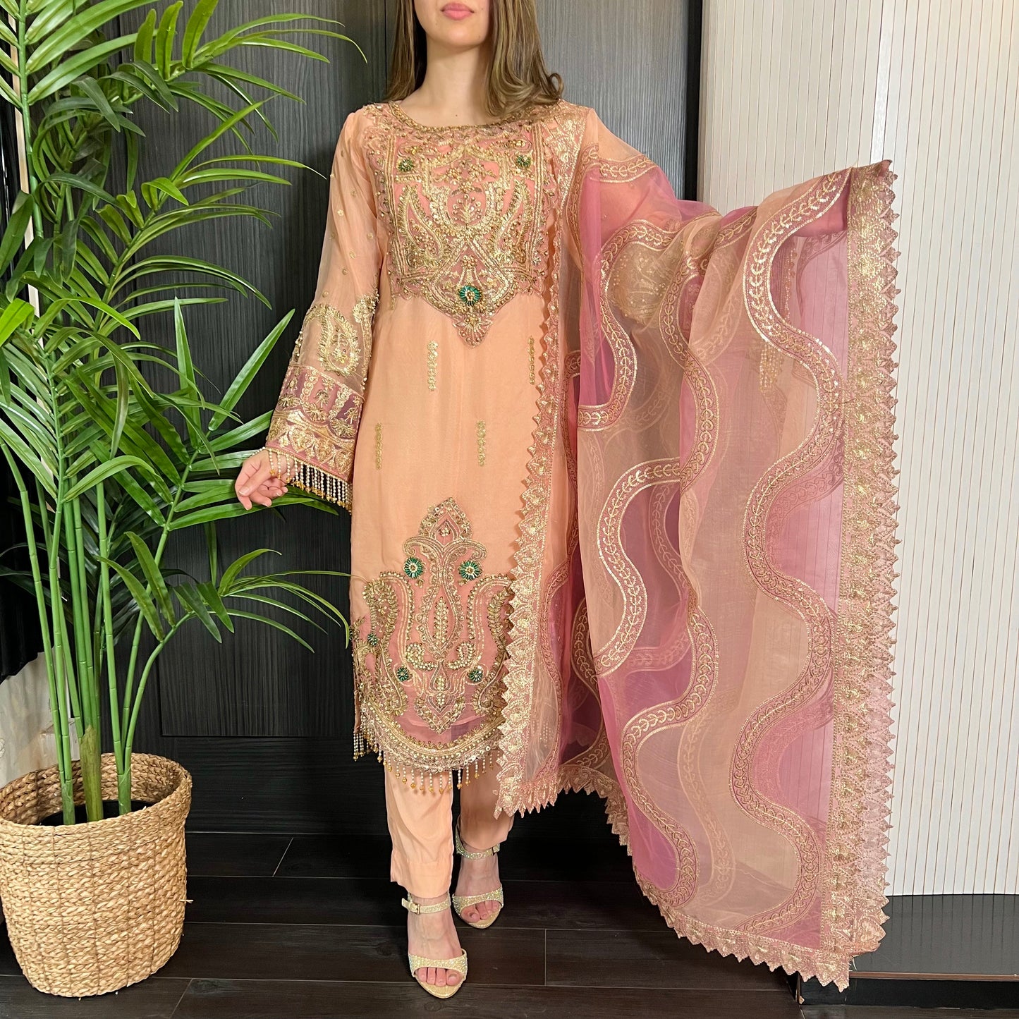 Prêt Peach Pink Heavily Embroidered Organza Suit