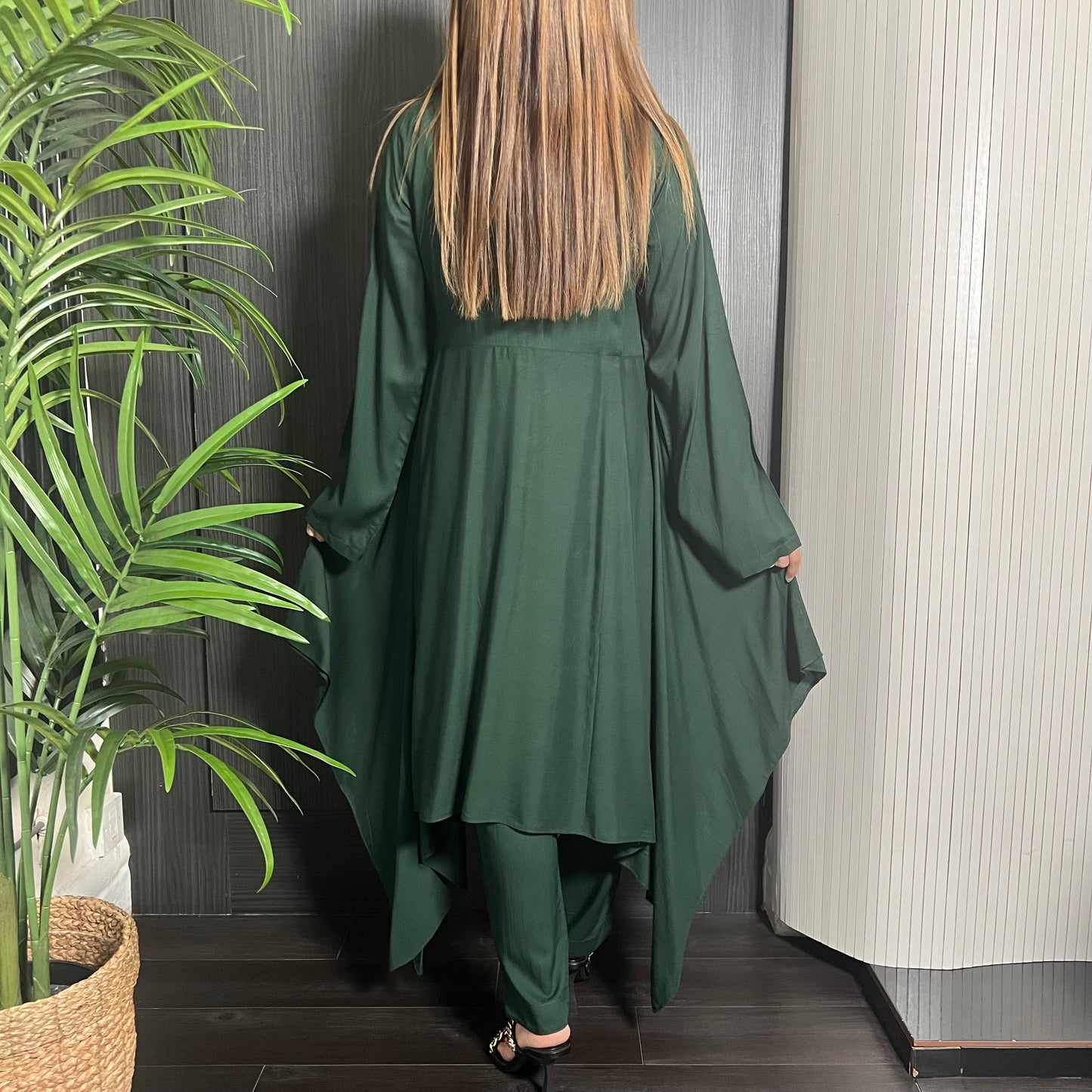 Bottle Green Hi Low Hem 2 Piece Linen Dress Suit
