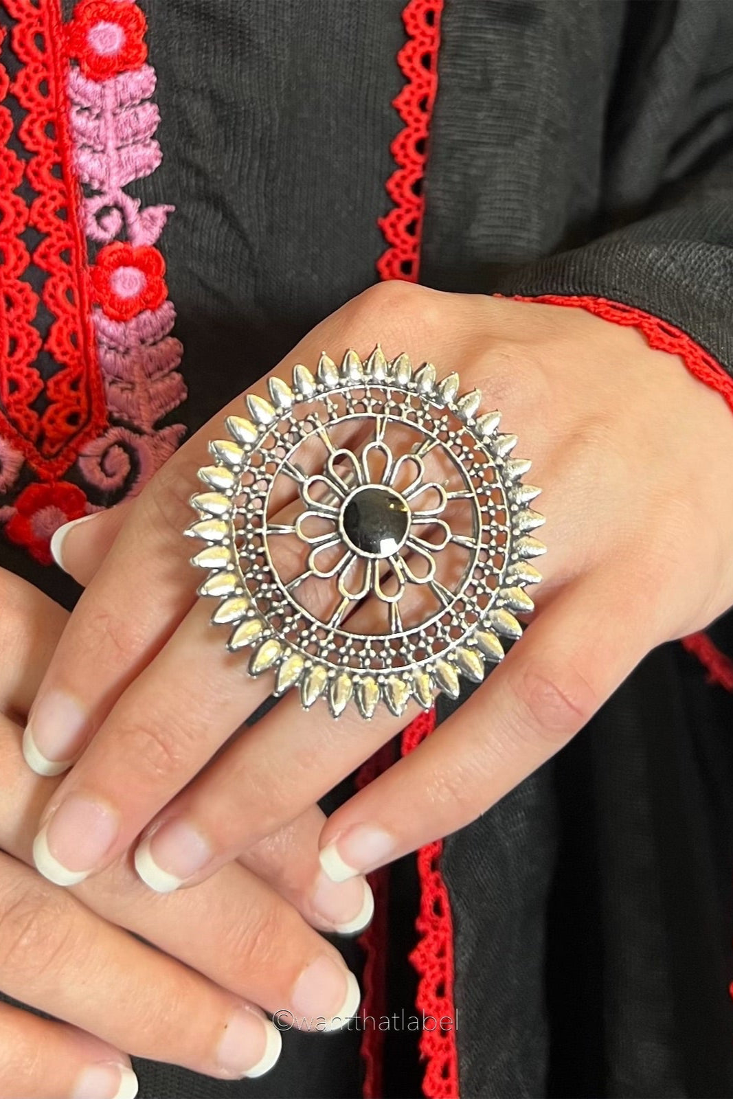 Erum Silver Oxidized Vintage Mandala Ring