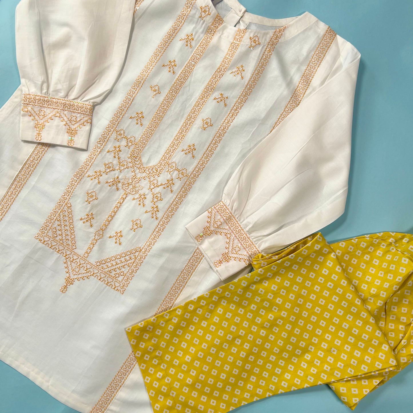 Kids White Yellow Sequin Embroidered Lawn Kurta Suit