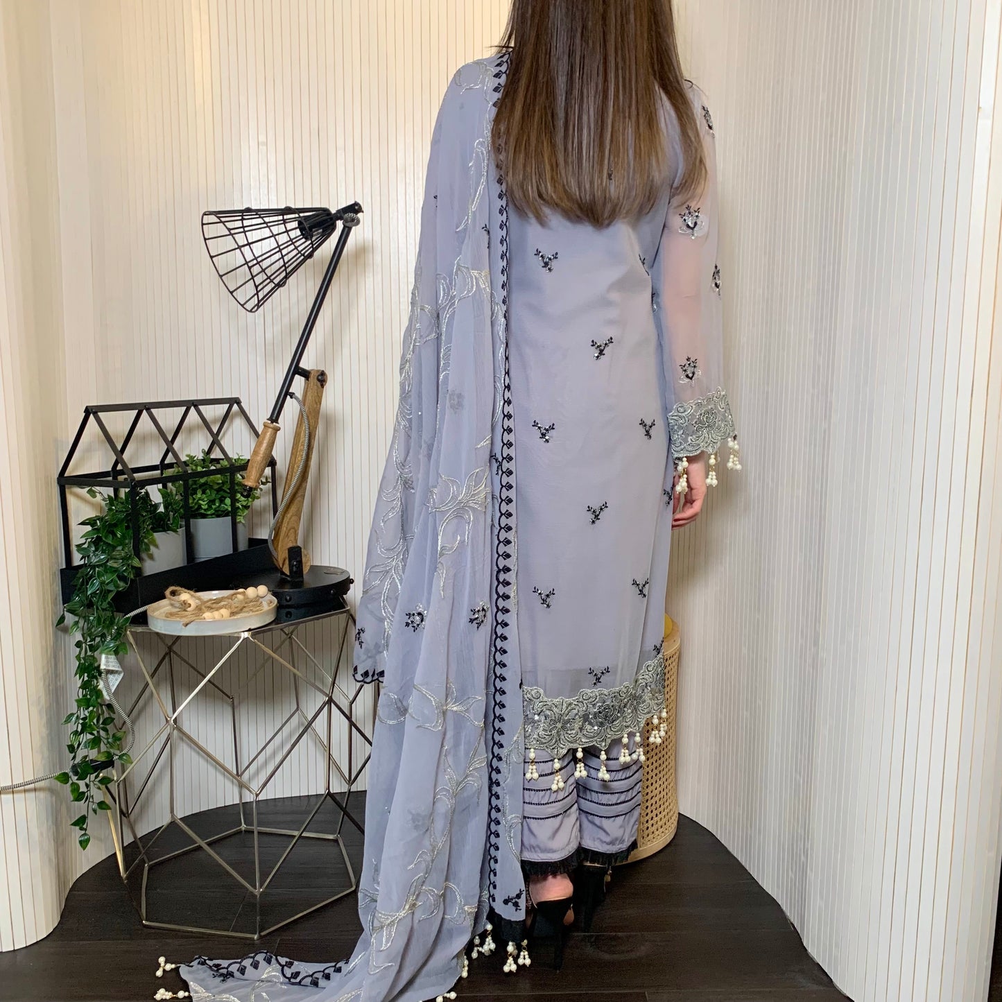 Maryams Inspired Ice Grey Heavily Embroidered Chiffon Suit