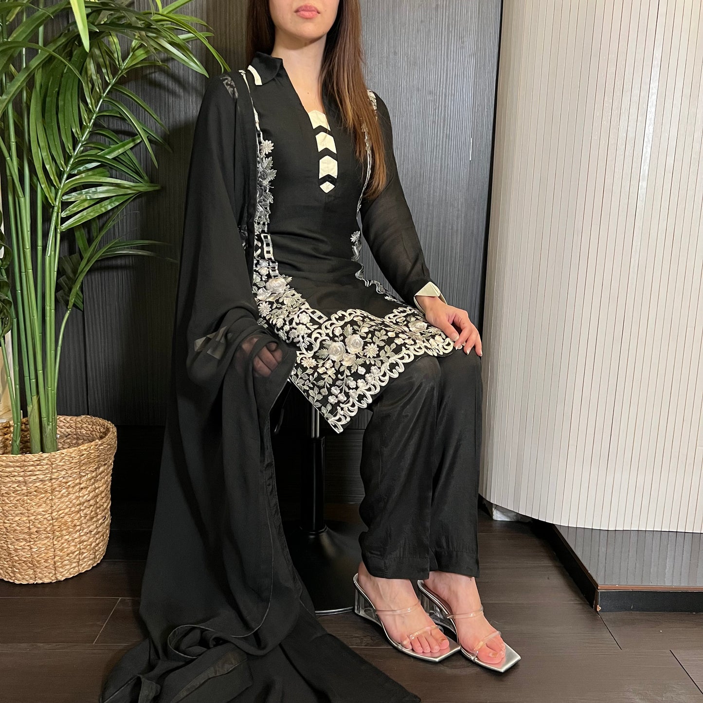 Areeba Saleem Original Black Collared White Grey Embroidered Suit
