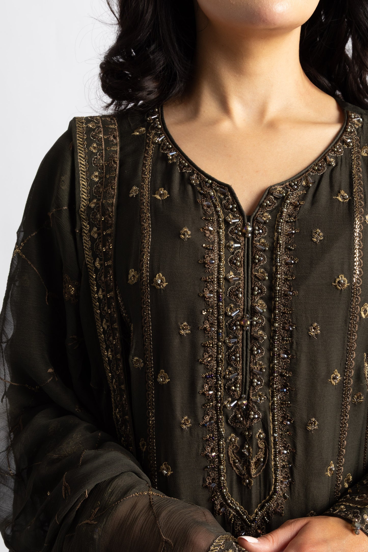 Looms Olive Hand Bead Embroidered Chiffon Suit