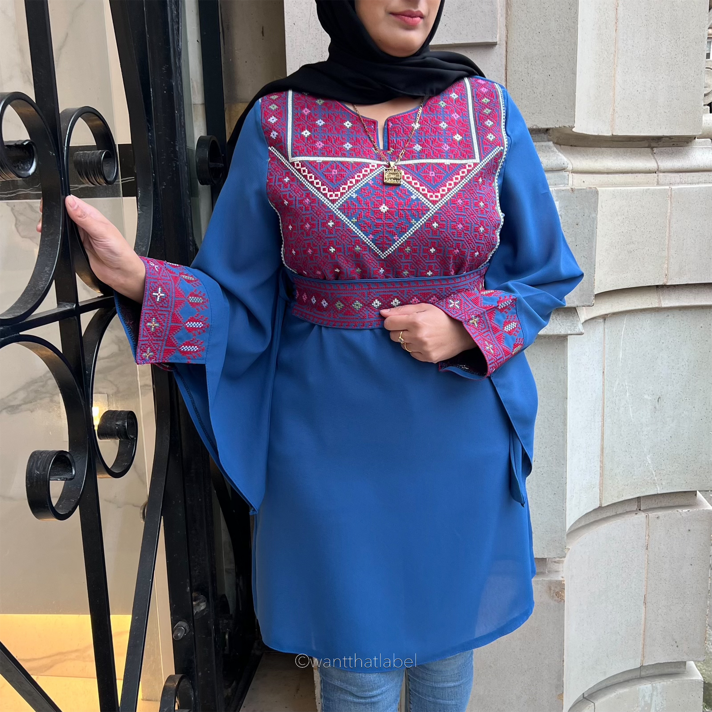Imaan Palestinian Blue Red Embroidery Kaftan Dress - WANT THAT LABEL