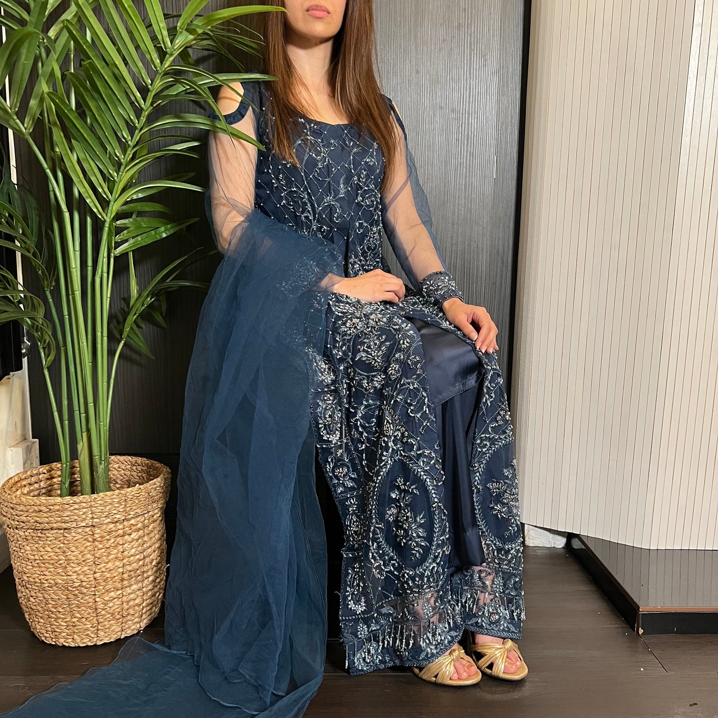 Navy Blue Heavily Beaded Maxi Dress Suit