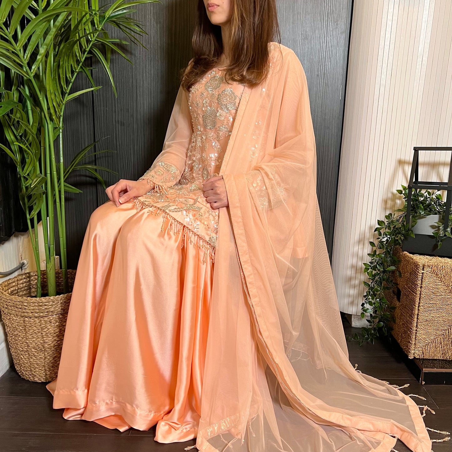 Peach Heavily Beaded Peplum Garara Suit