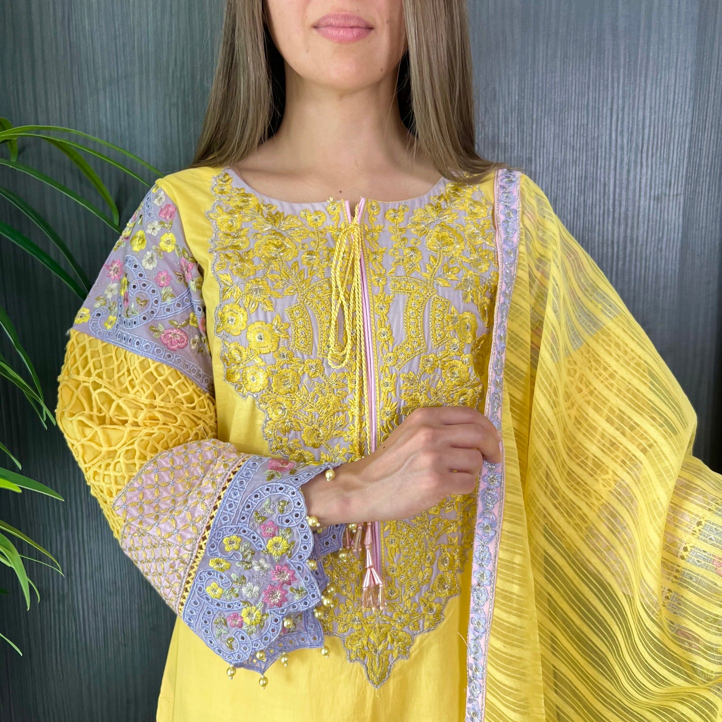 Karma Original Yellow Lilac Chikankari Embroidered Suit