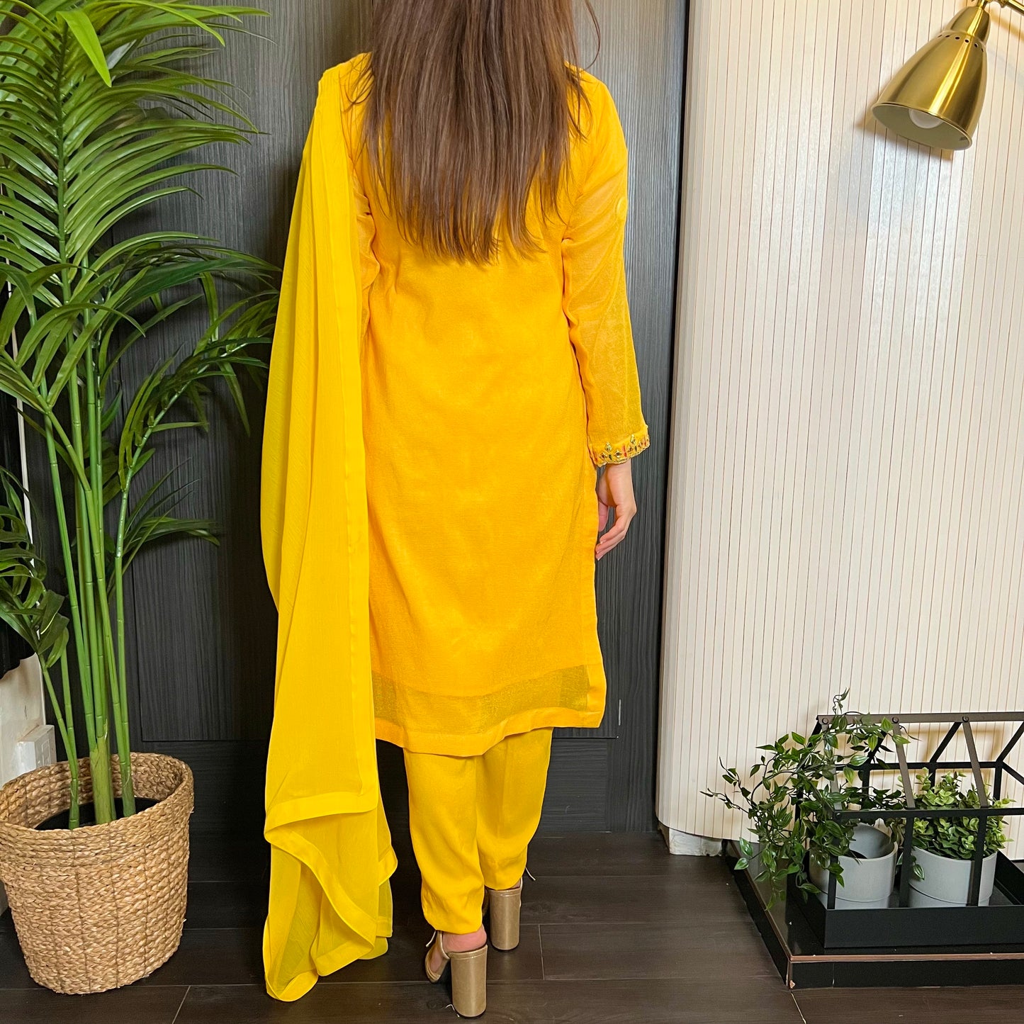 Yellow Khaadi Net Gota Embroidered Suit
