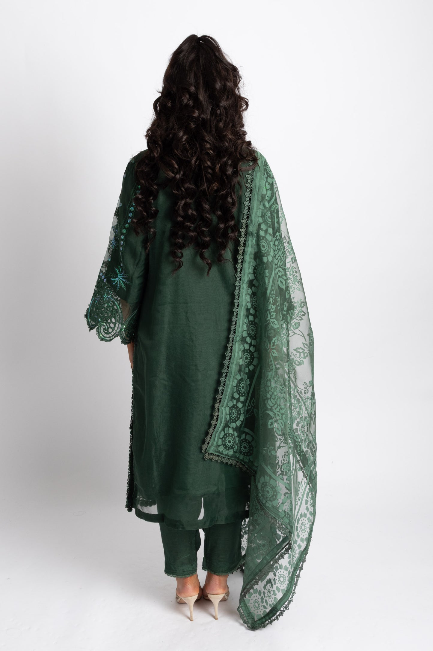 Looms Bottle Green Hand Embroidered Cutwork Cotton Suit