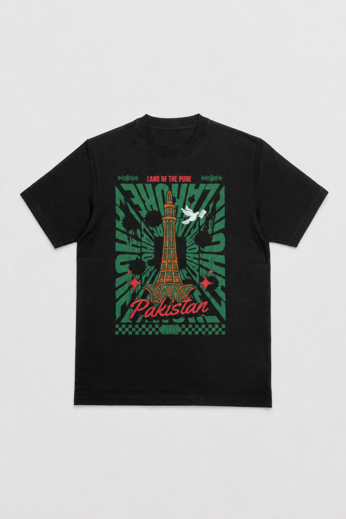 A black short-sleeve t-shirt with a graphic print on the front featuring the Taj Mahal, green sunburst patterns, and the text 'LOVE OF PINK' and 'Pakistan' in red, displayed against a light gray background.