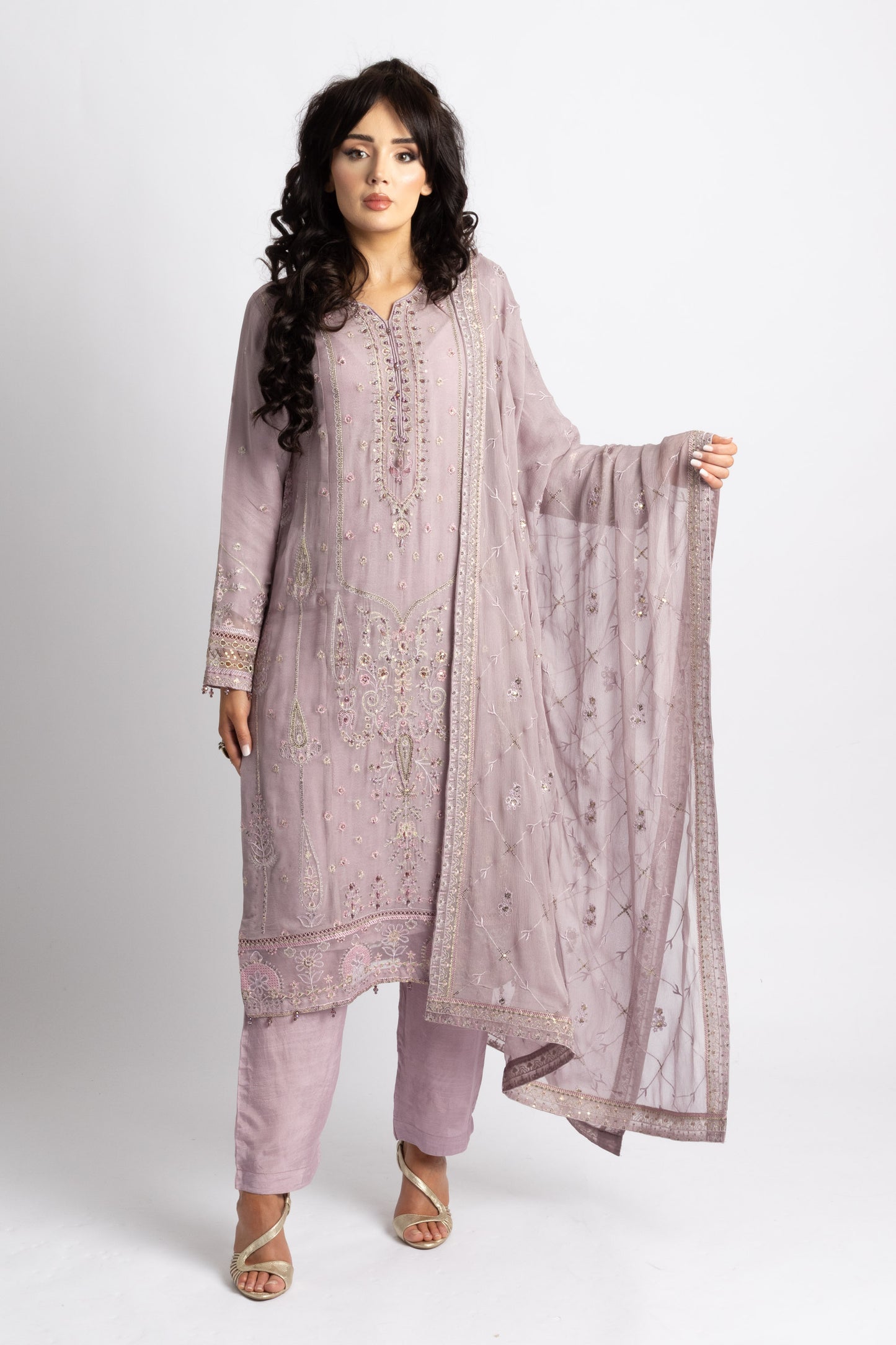 Looms Lilac Hand Embroidered Chiffon Suit