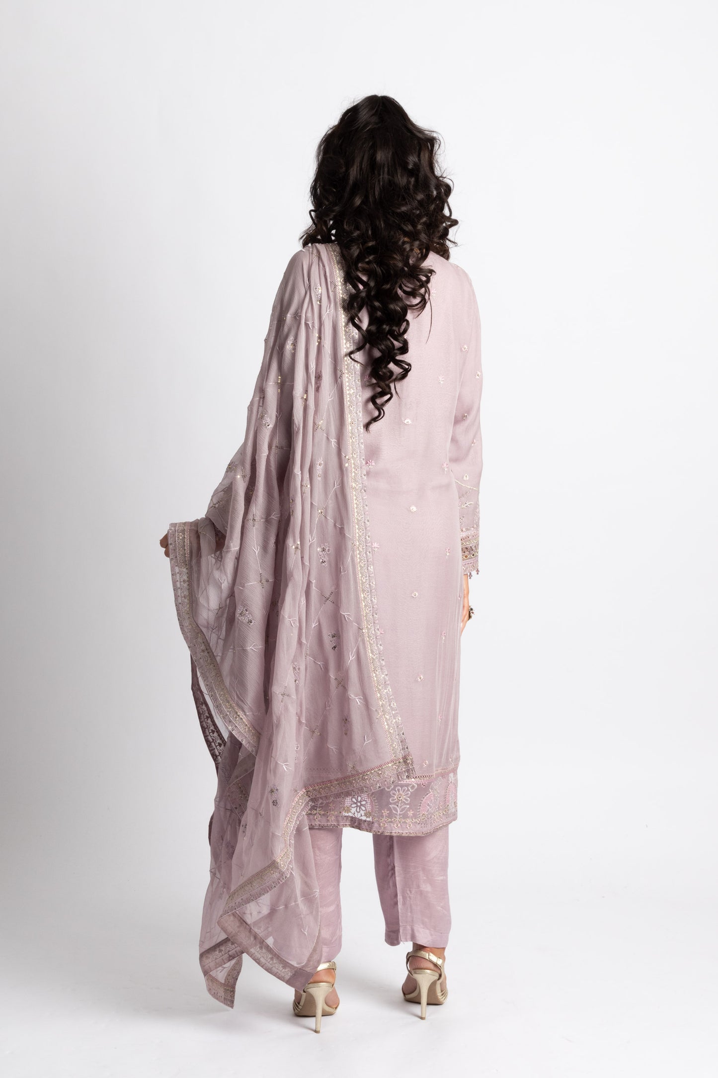Looms Lilac Hand Embroidered Chiffon Suit