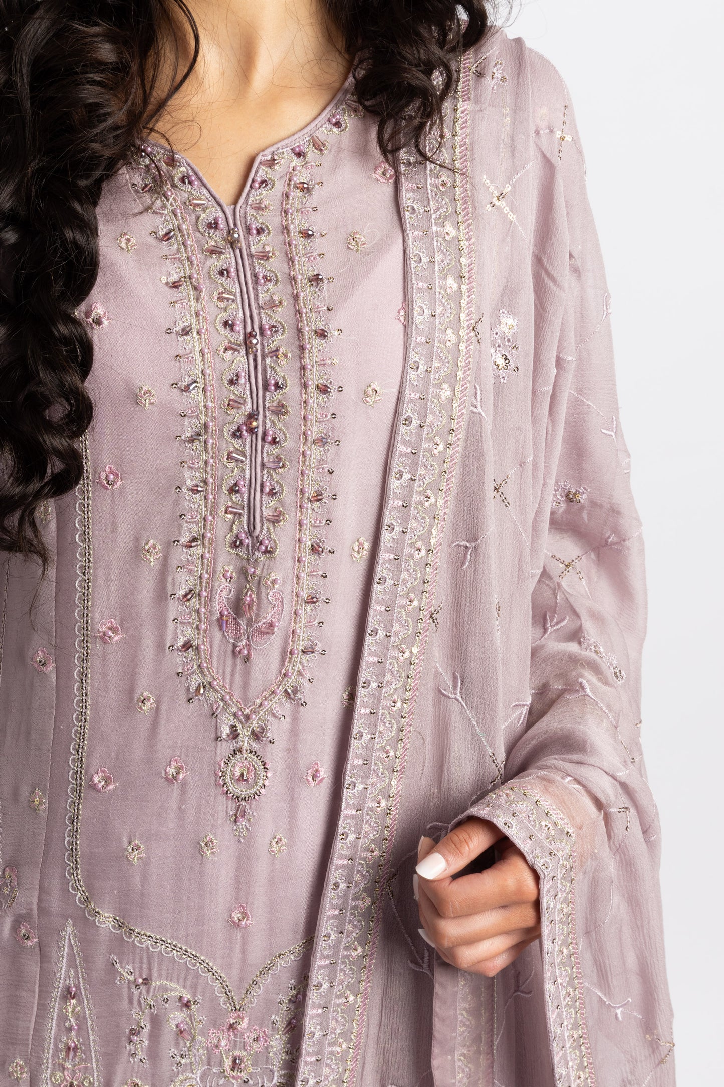 Looms Lilac Hand Embroidered Chiffon Suit