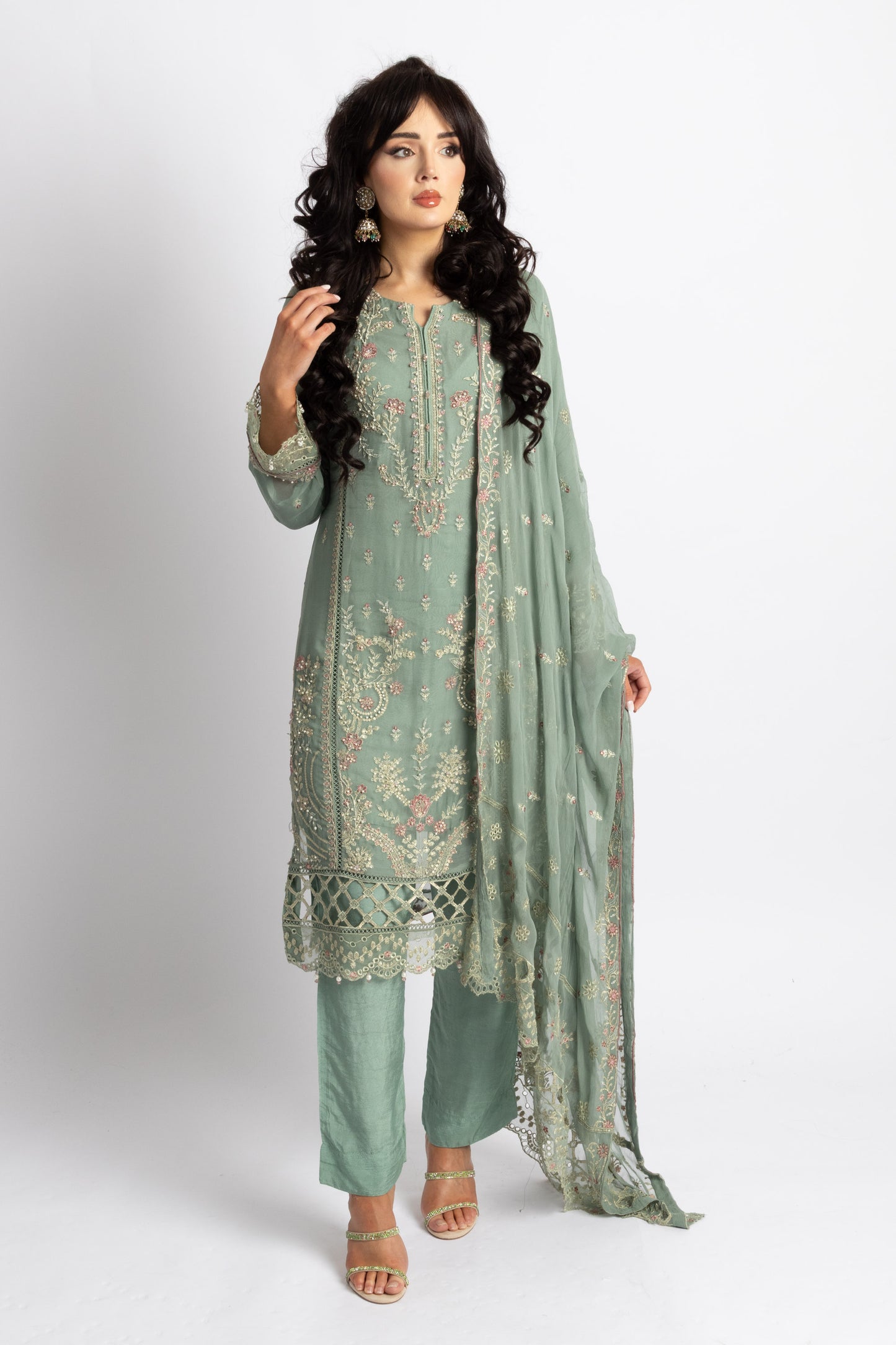 Looms Sage Green Hand Embroidered Cutwork Chiffon Suit