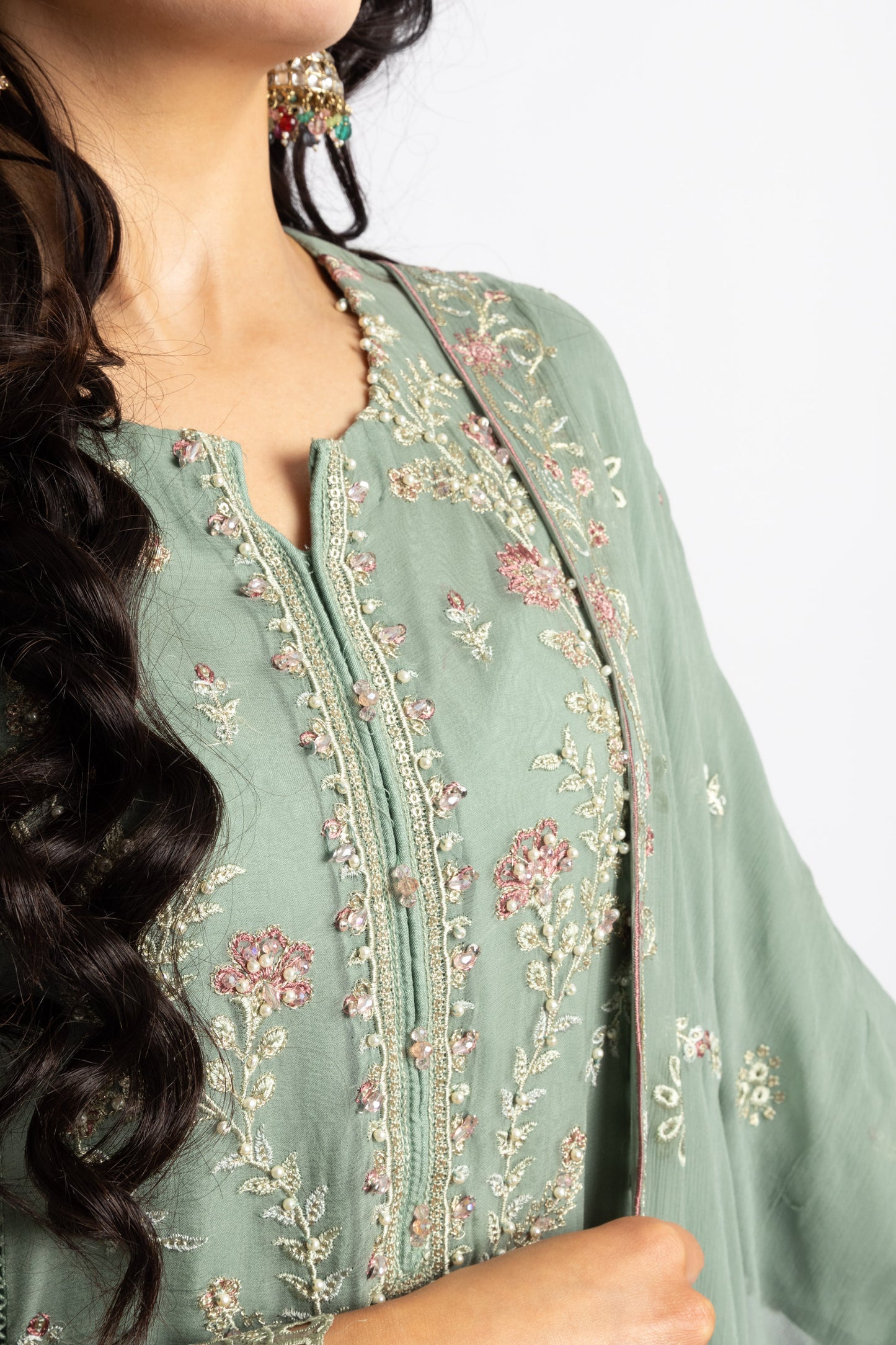 Looms Sage Green Hand Embroidered Cutwork Chiffon Suit
