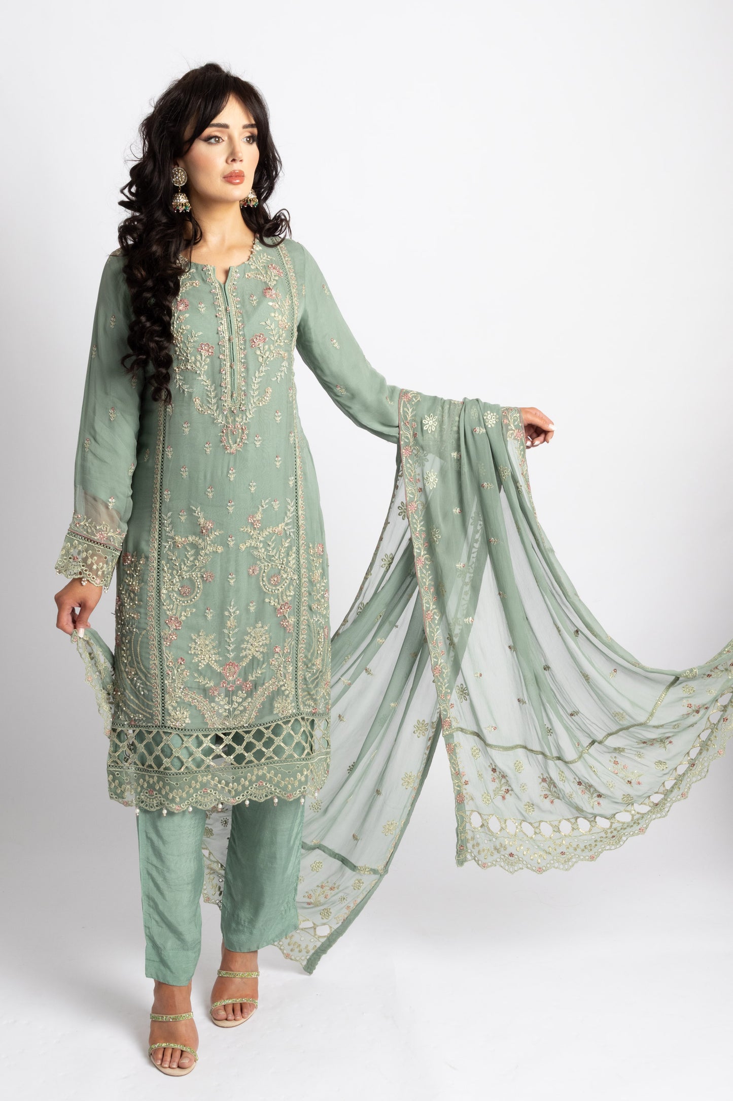 Looms Sage Green Hand Embroidered Cutwork Chiffon Suit