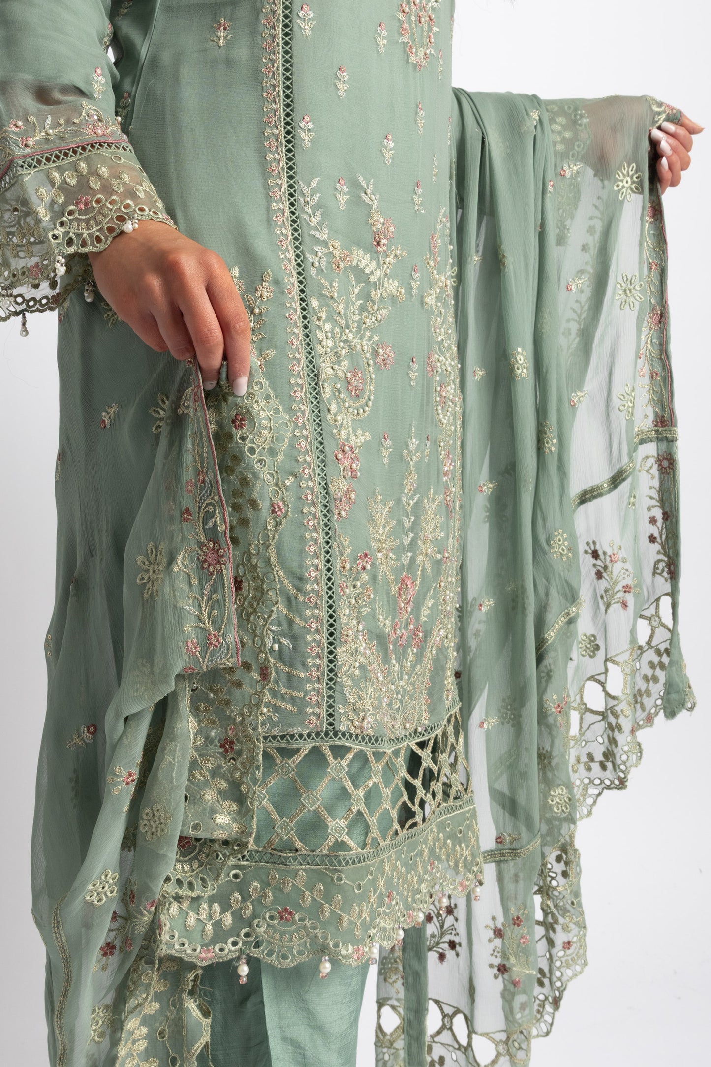 Looms Sage Green Hand Embroidered Cutwork Chiffon Suit
