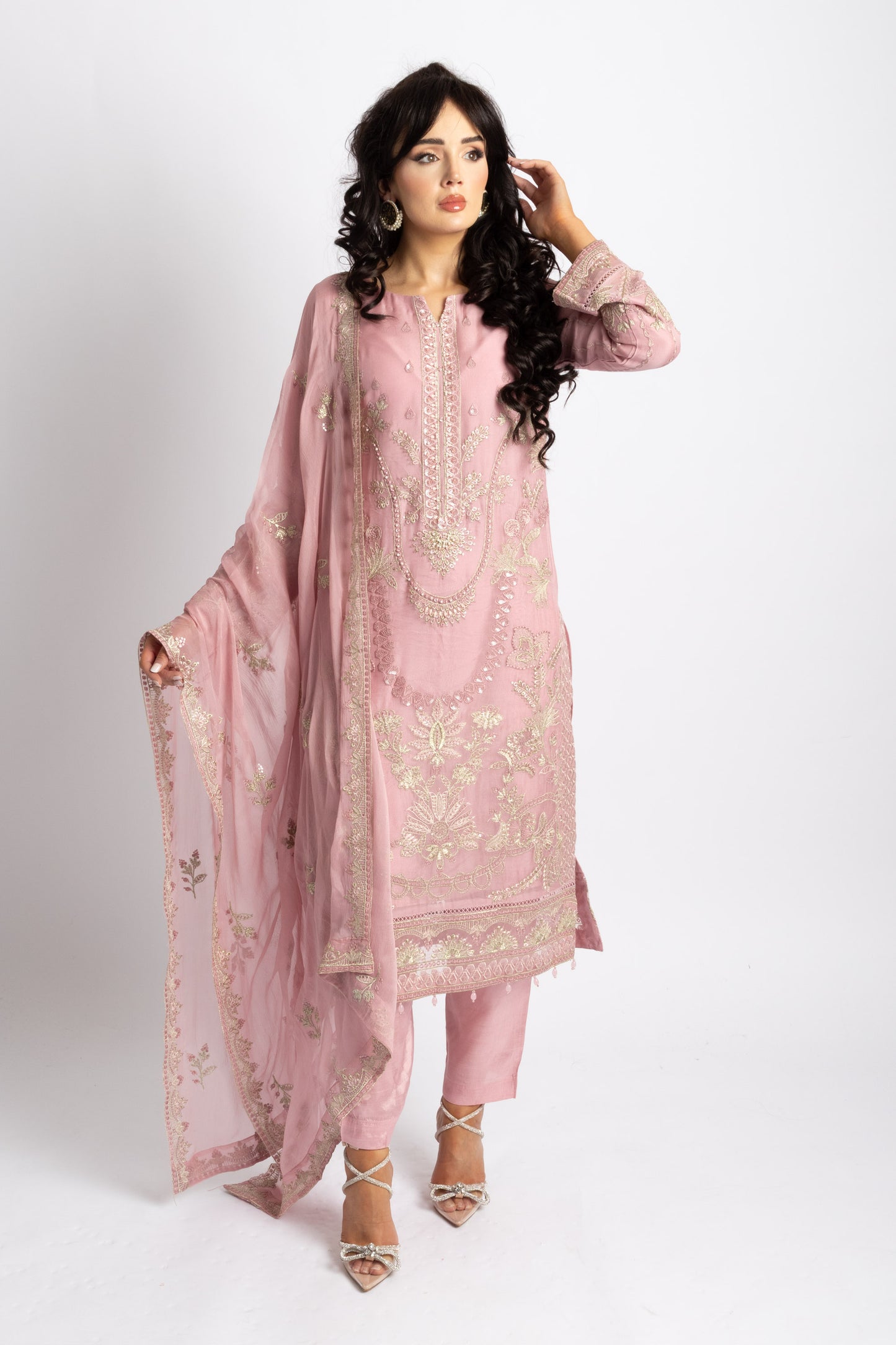 Looms Baby Pink Hand Embroidered Chiffon Suit