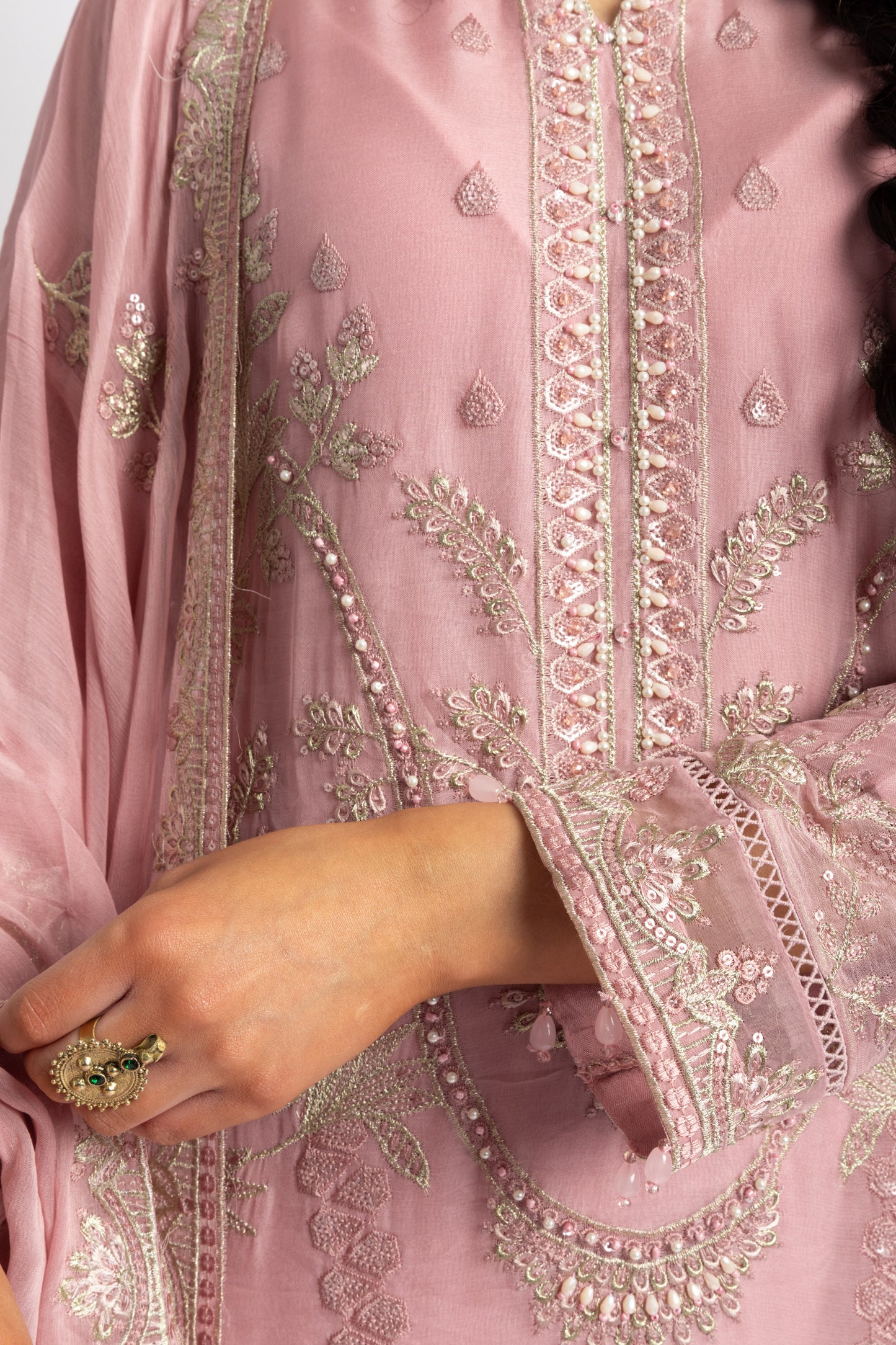 Looms Baby Pink Hand Embroidered Chiffon Suit