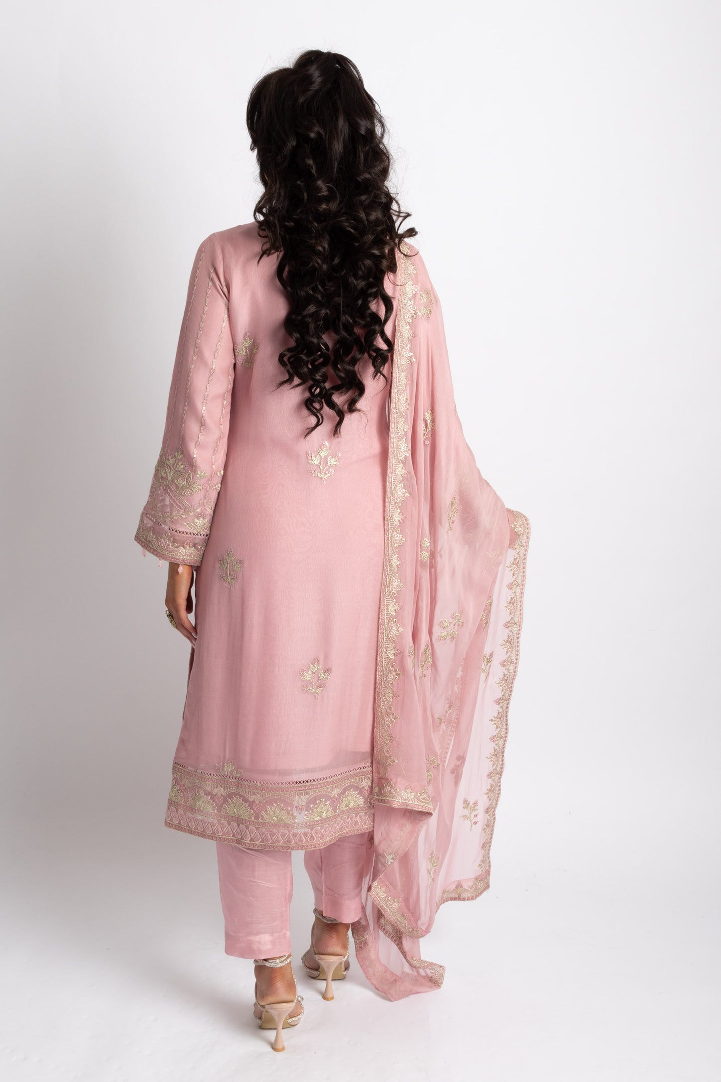 Looms Baby Pink Hand Embroidered Chiffon Suit
