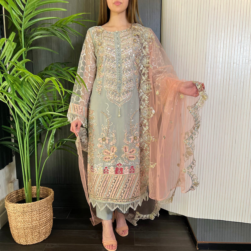 Prêt Grey Pink Heavily Embroidered Organza Suit