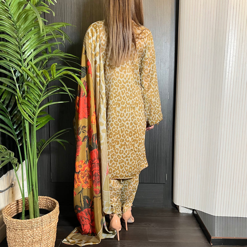 Olive Green Leopard Cotton Khadi Net Suit