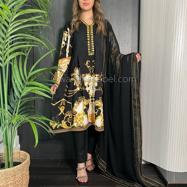 Black Baroque Print Mirror Peplum Frock Suit