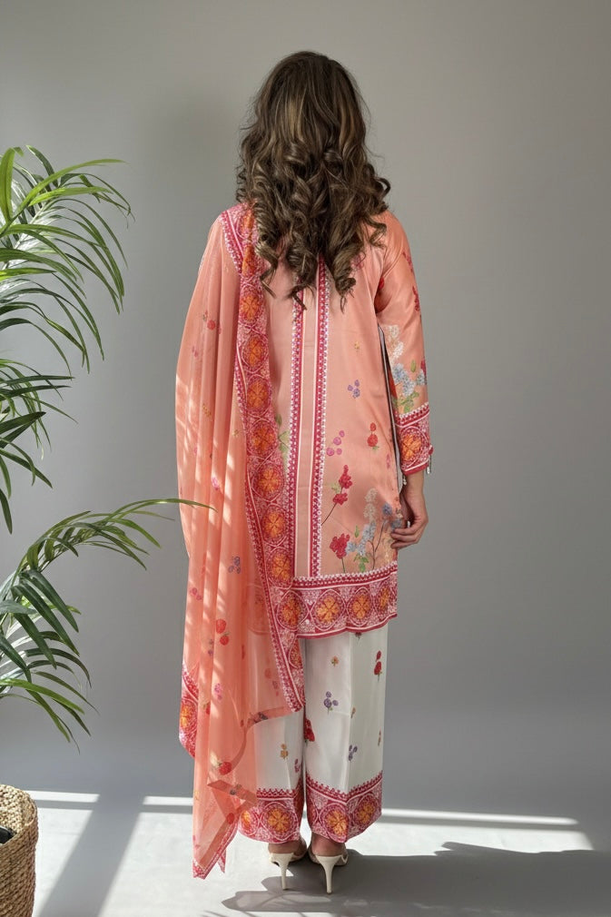 Kiara Pink White Floral Printed Satin Silk 3 Piece Suit