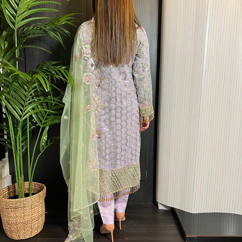 Prêt Lilac Green Heavily Embroidered Organza Suit