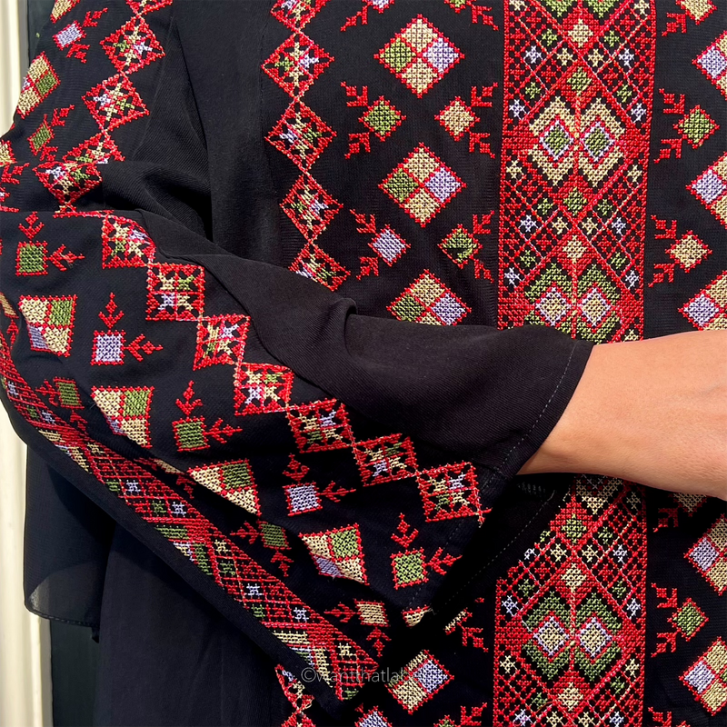 Hawaa Palestinian Black Multi Embroidery Maxi Abaya Thobe
