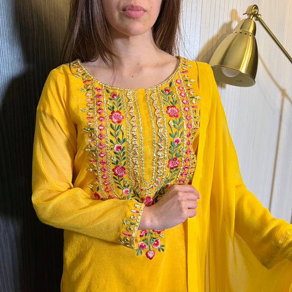 Yellow Khaadi Net Gota Embroidered Suit