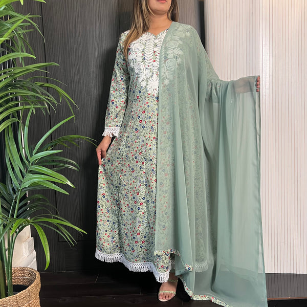 Green Floral Embroidered 3 Piece Dress Suit