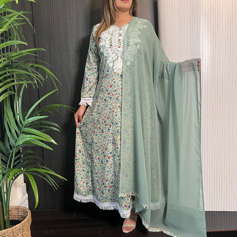 Green Floral Embroidered 3 Piece Dress Suit