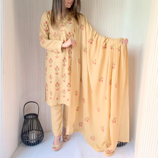 Bareeze Beige Heavily Embroidered Shawl Suit