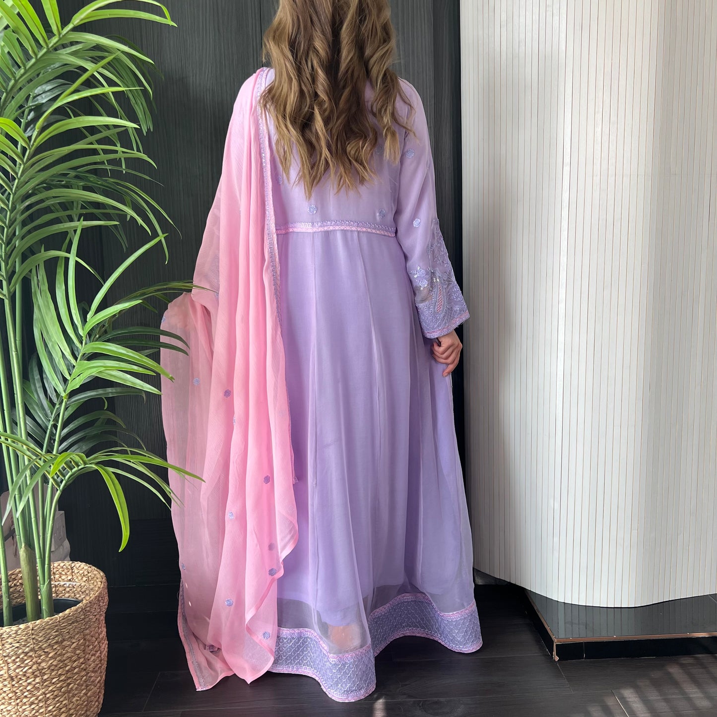 Lilac Pink Sequin Embroidered Chiffon Maxi Suit