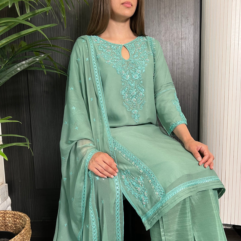Teal Hand Embroidered Chiffon Suit