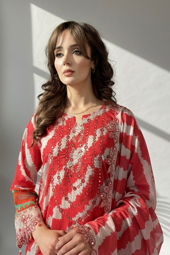 Hava Red Stripe Printed Cotton Embroidered 3 Piece Suit