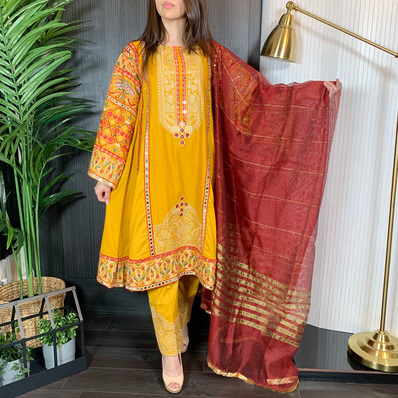 Karma Original Yellow Heavily Mirror Embroidered A-Line Dress Suit