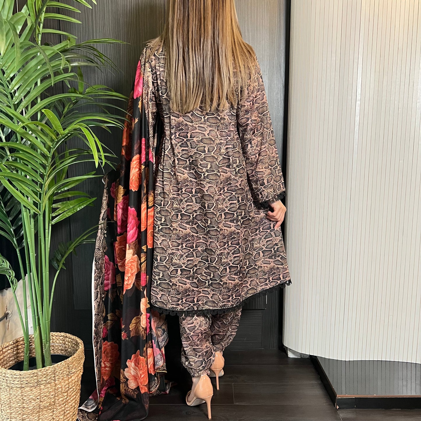 Brown Snake Peplum Cotton Dress Khadi Net Suit