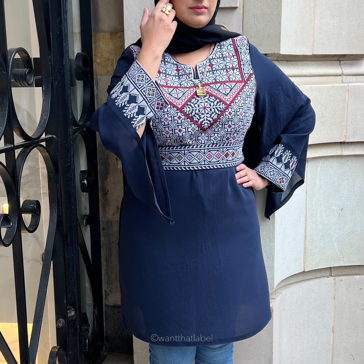 Dania Palestinian Navy White Embroidery Kaftan Dress