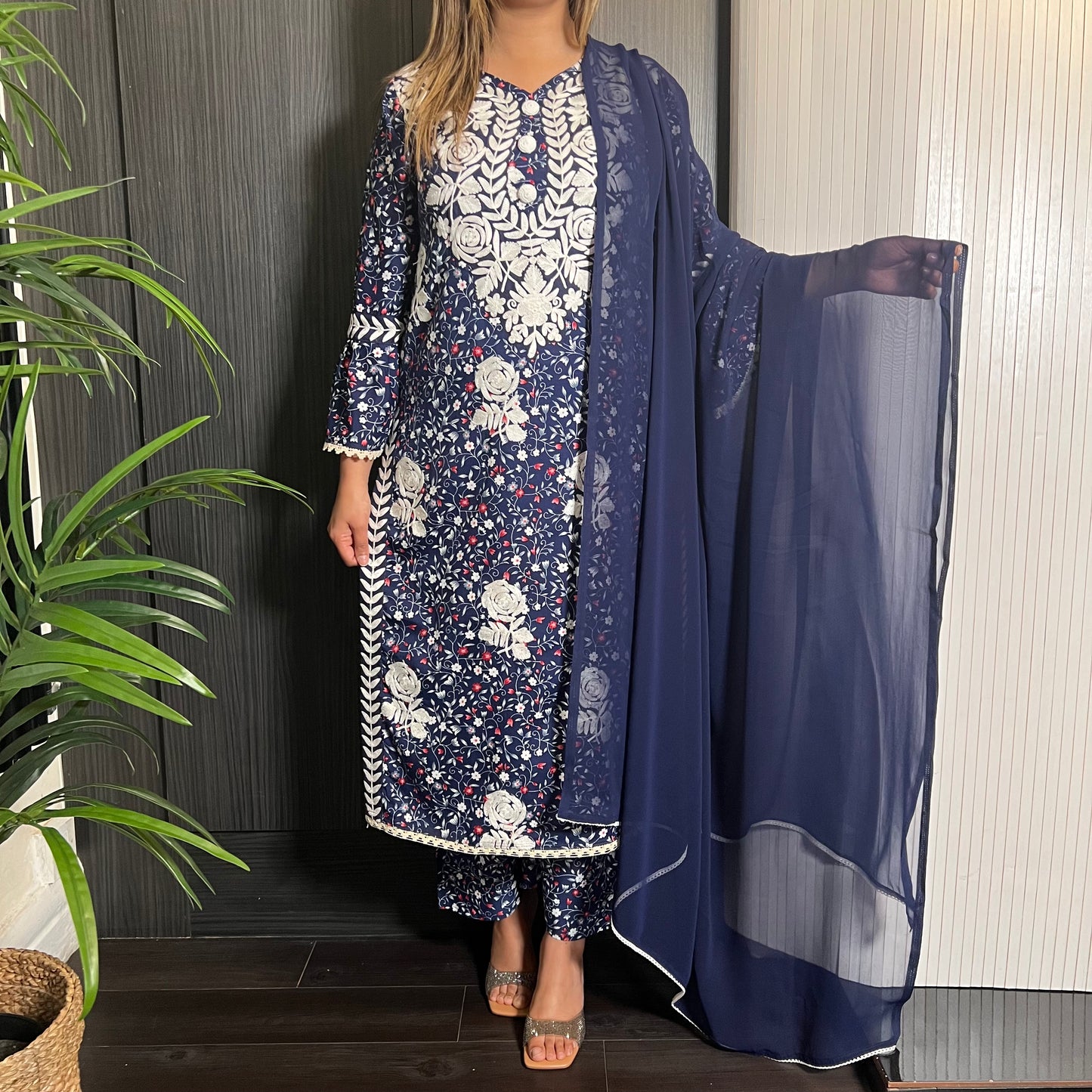 Navy Floral Embroidered 3 Piece Kameez Suit