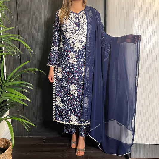 Navy Floral Embroidered 3 Piece Kameez Suit