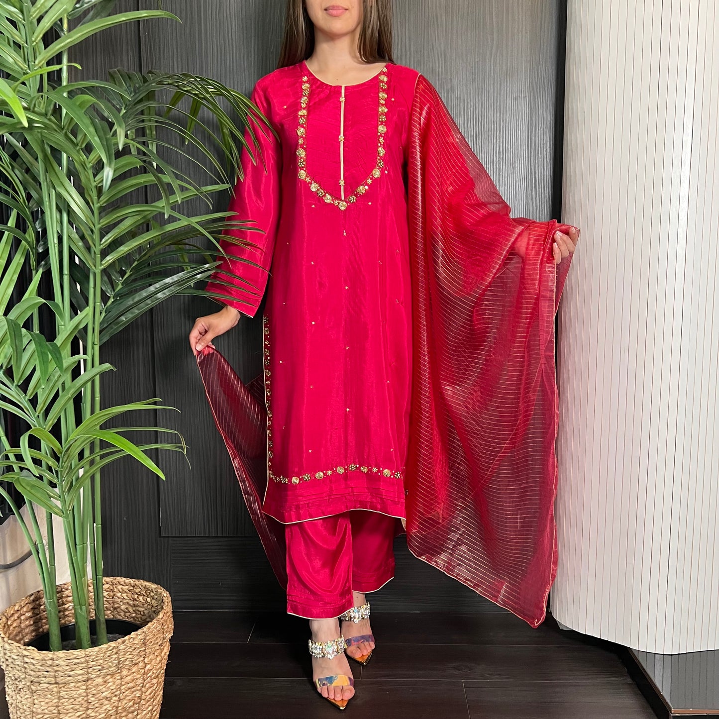 Crimson Pink Hand Embroidered Cotton Silk Suit
